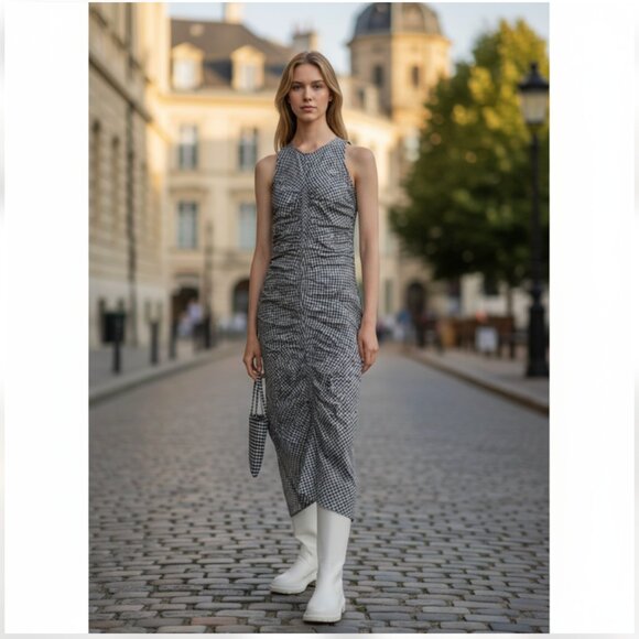 NWT ZARA BLACK WHITE GINGHAM CORDUROY DRESS RUCHED BLOGGERS FAV SMALL - Picture 1 of 9